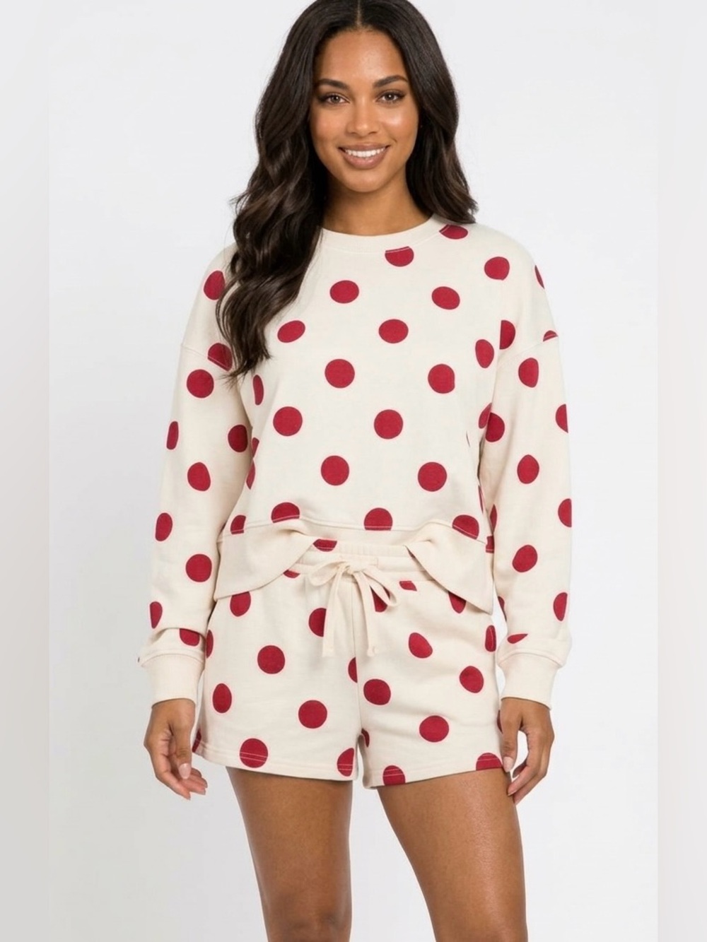 254  NWT Zenana Cream Sweatshirt and Shorts Set with Red Polka Dots